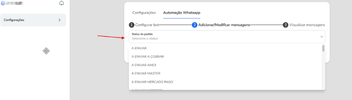 Etapa Configurar bot com a seleção do bot roteador pai com WhatsApp conectado