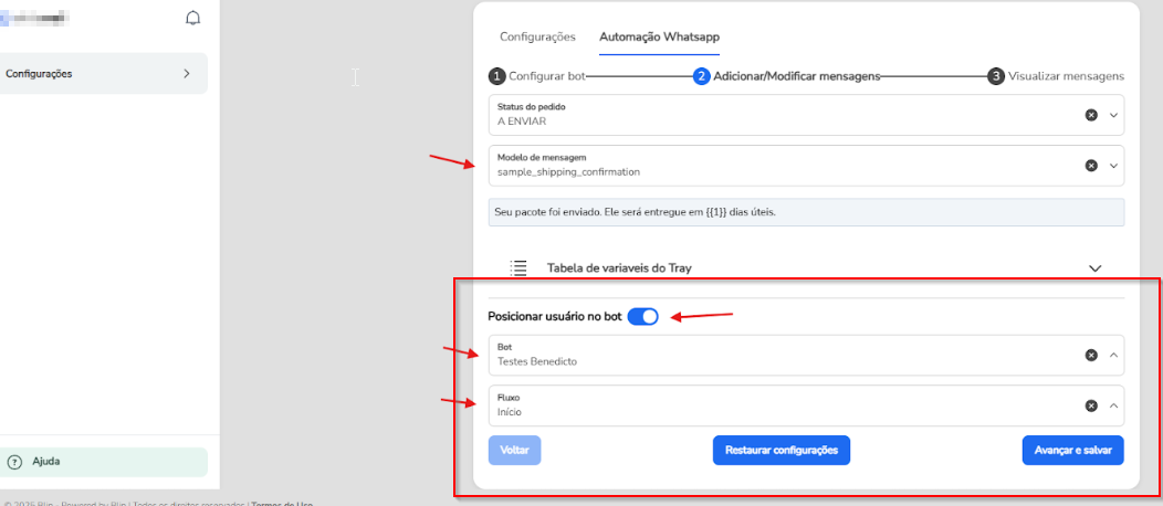Opção Posicionar usuário no bot ativada, com a seleção de Bot e Fluxo de destino