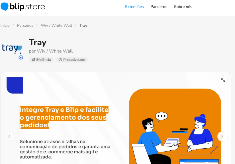 Página da extensão Tray na Blip Store