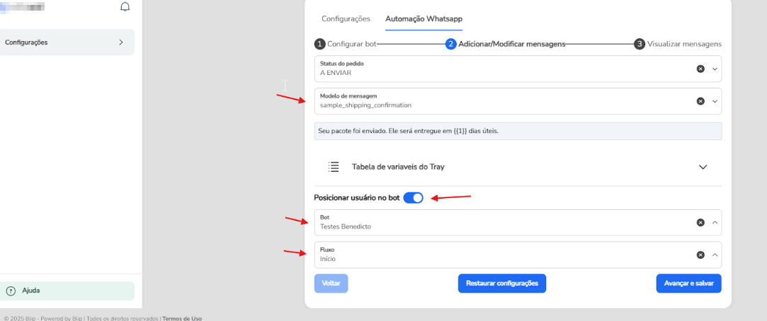 Campo Status do pedido com a lista de status da Tray que disparam a mensagem