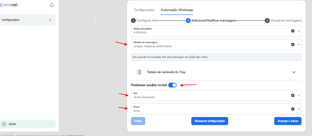 Campo Modelo de mensagem com o template selecionado e as variáveis a preencher