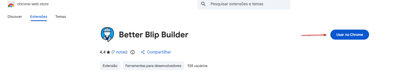 Página do complemento do Builder na Chrome Web Store com o botão Usar no Chrome