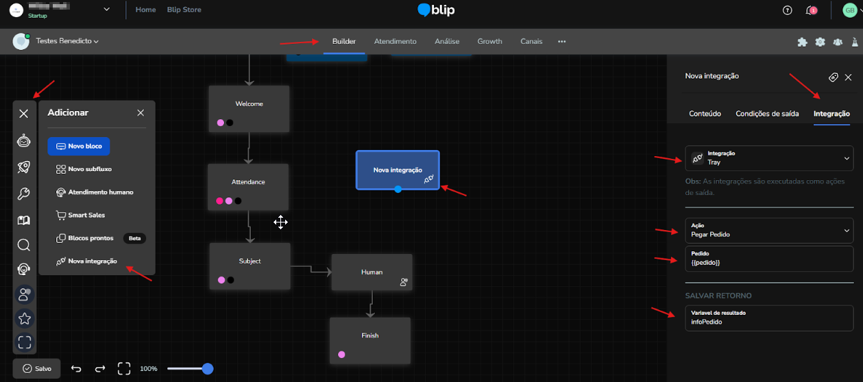 Bloco de integração no Builder com a integração Tray selecionada e a ação Pegar Pedido