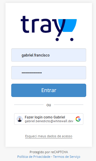 Tela de login da Tray com os campos de usuário e senha preenchidos