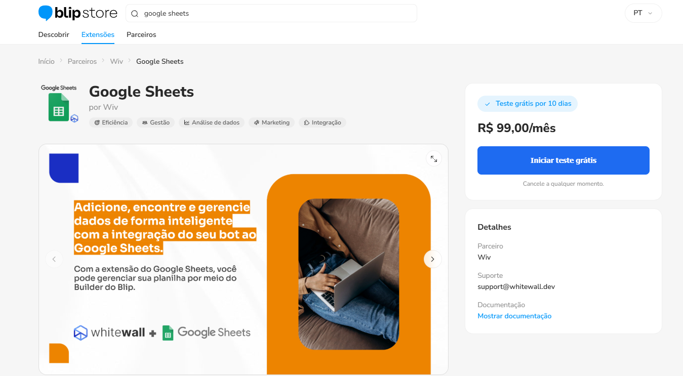 Extensão Google Sheets na Blip Store com o botão de ativação no bot