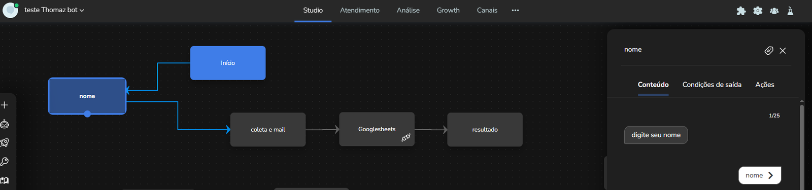 Bloco de coleta do nome criado no Builder