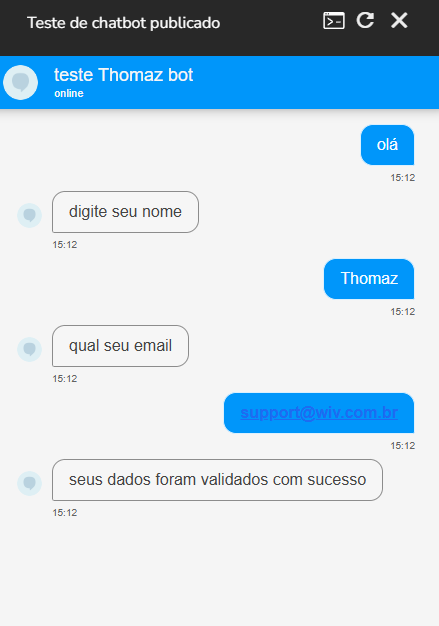 Fluxo publicado sendo testado no simulador da Blip