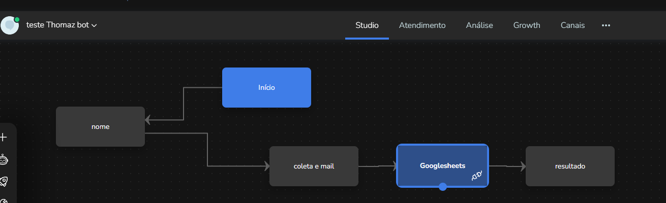 Fluxo de exemplo no Builder que coleta nome e e-mail e grava na planilha