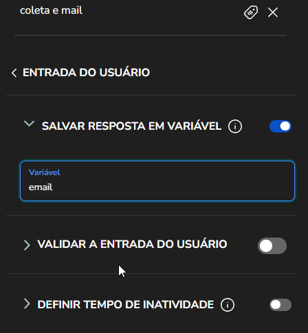 Opção Salvar resposta em variável ativada no bloco do e-mail