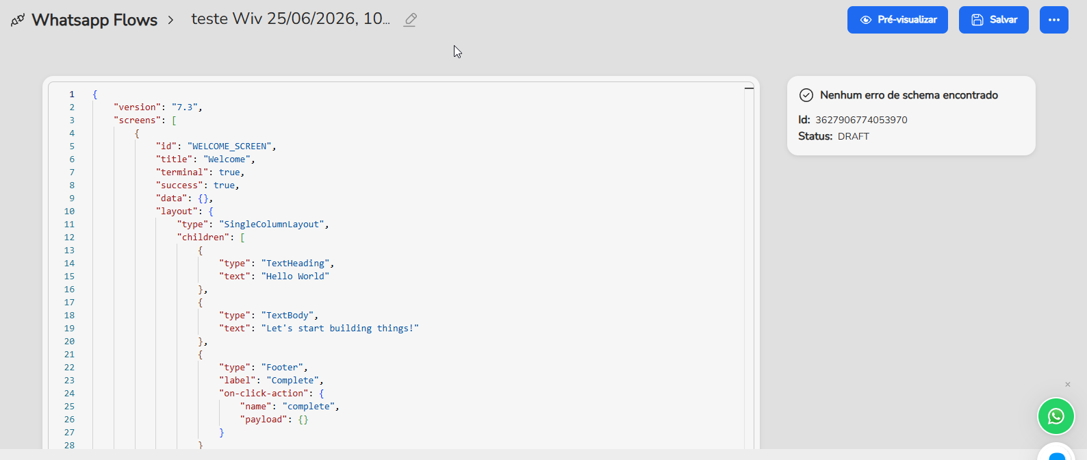 Editor de JSON do flow no portal da extensão