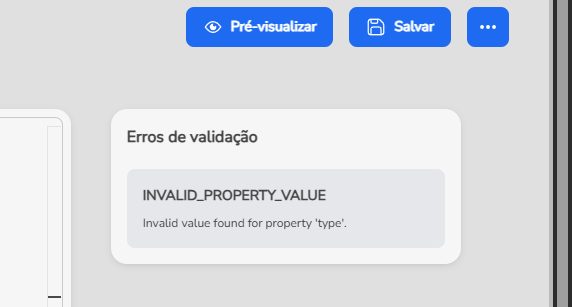 Painel lateral de validação listando os erros de schema do flow
