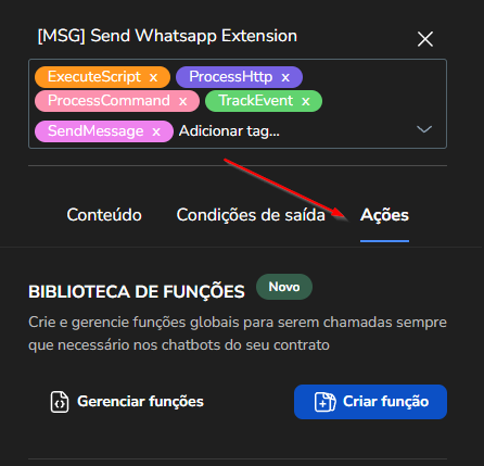 Aba Ações do bloco no Builder