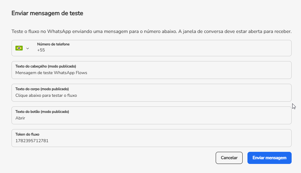 Flow aberto no WhatsApp durante o teste da jornada