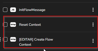 Requisição Reset context configurada nas ações do bloco