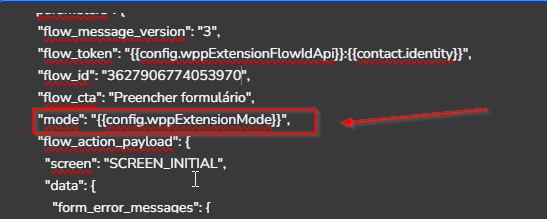 Campo Mode no conteúdo dinâmico WhatsApp Flow