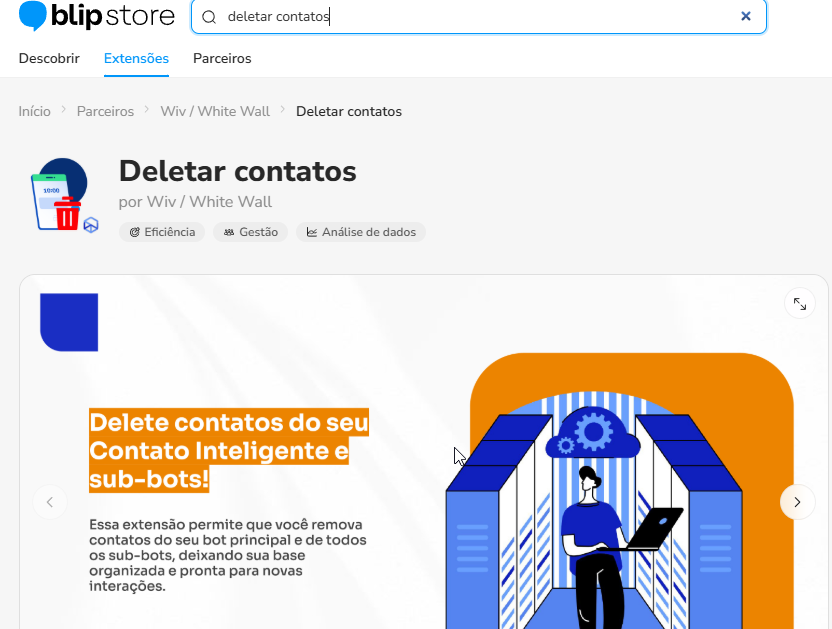 Extensão Deletar contatos exibida na Blip Store