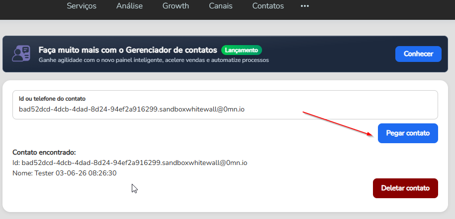Dados do contato encontrado exibidos após clicar em Pegar contato