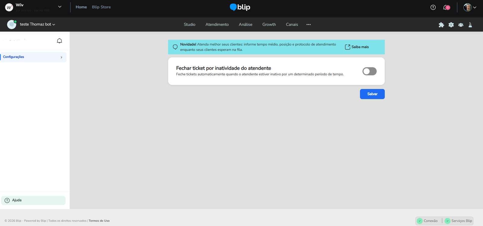 Tela de configuração da extensão Desk: Inatividade do atendente aberta no bot