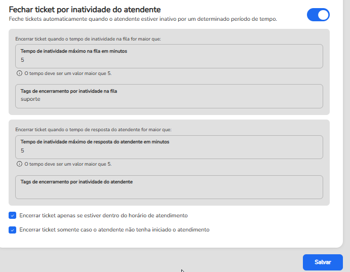 Campos de critérios de encerramento com os tempos de inatividade, as tags e as opções de horário de atendimento