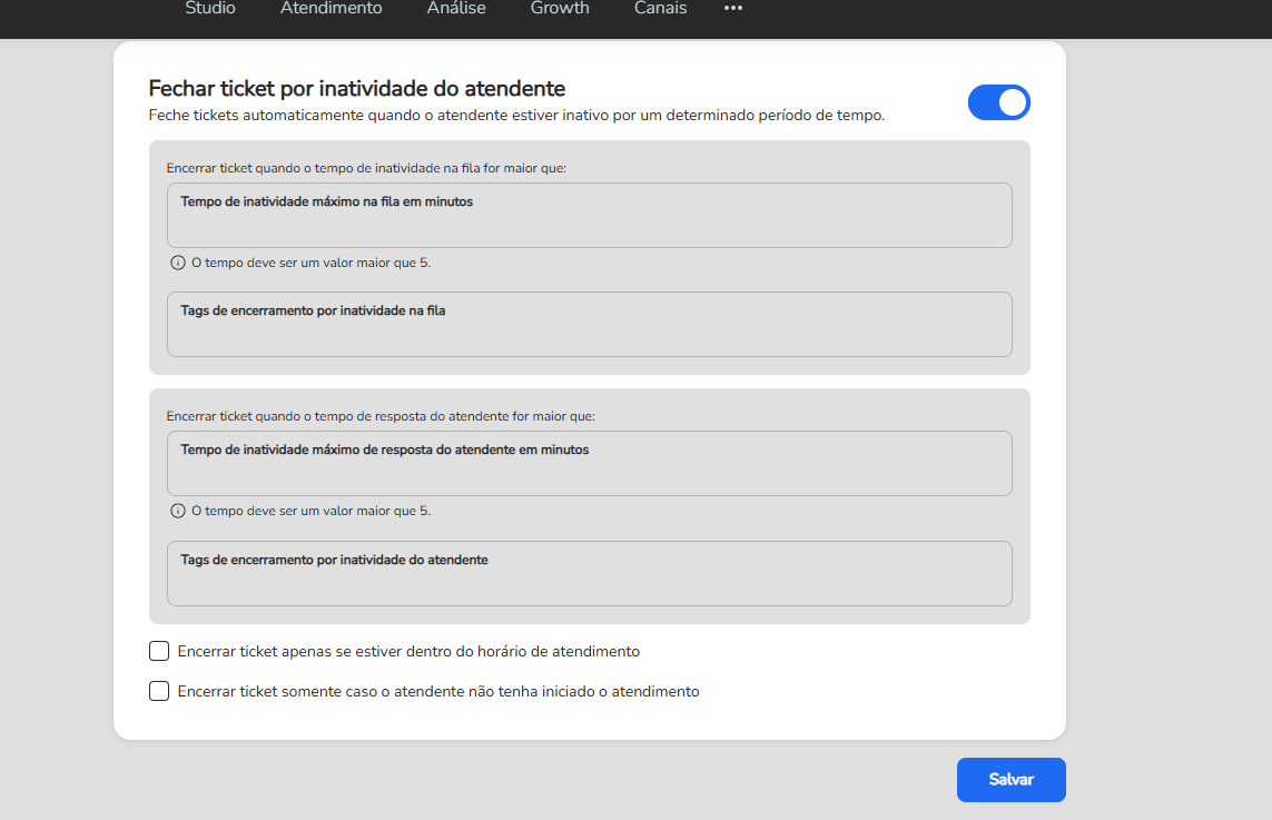 Chave Fechar ticket por inatividade do atendente ativada, exibindo os campos de configuração