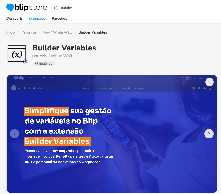Resultado da busca pela extensão Builder variables na Blip Store