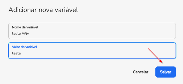 Janela para adicionar nova variável com os campos Nome da variável e Valor da variável