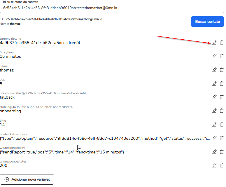 Ícone de lápis para editar o valor de uma variável de contato