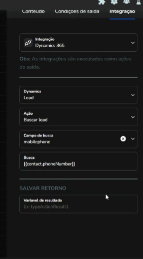 Configuração da ação Buscar lead com o campo mobilephone e a variável de telefone do contato