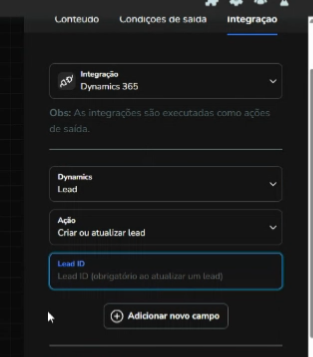 Configuração da ação Criar ou atualizar lead nas configurações do bloco