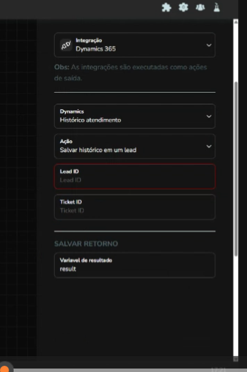 Configuração da opção Salvar histórico em um lead, com os campos Lead ID e Ticket ID