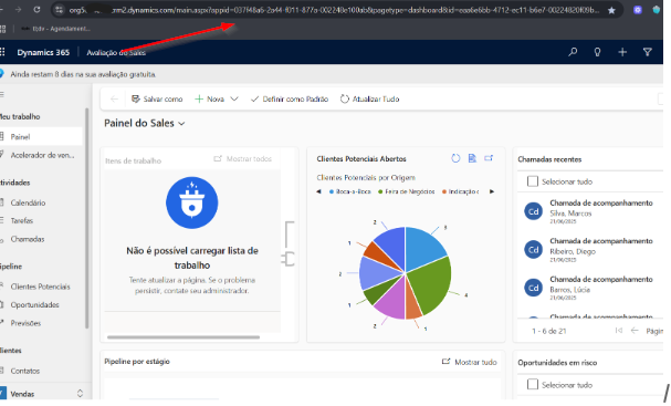 Barra de endereço do navegador no Dynamics 365, com a URL começando por org e terminando em .crm2.dynamics.com