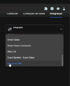 Configurações do bloco com a integração Dynamics 365 selecionada