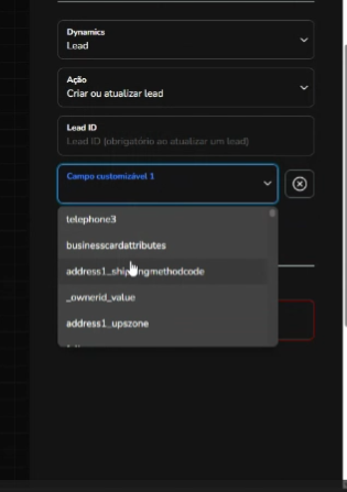 Seleção do campo do Dynamics 365 no seletor do Campo customizável 1
