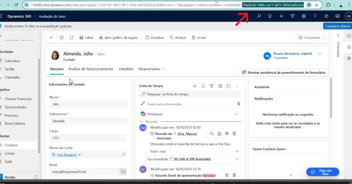 ID da entidade na URL do navegador ao abrir o registro no Dynamics 365