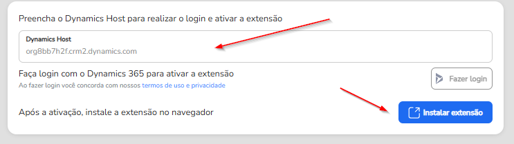 Campo Dynamics Host na aba Configurações da extensão, com o endereço da conta do Dynamics 365 colado