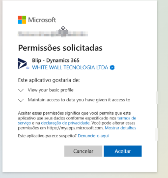 Tela do Dynamics 365 solicitando o consentimento das permissões da extensão