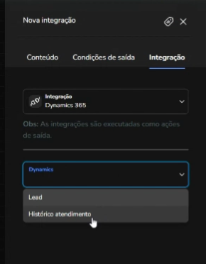 Seleção entre as categorias Lead e Histórico atendimento nas configurações do bloco