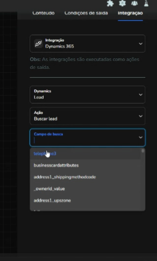Seletor de campos do lead trazendo os campos padrão e customizados do Dynamics 365