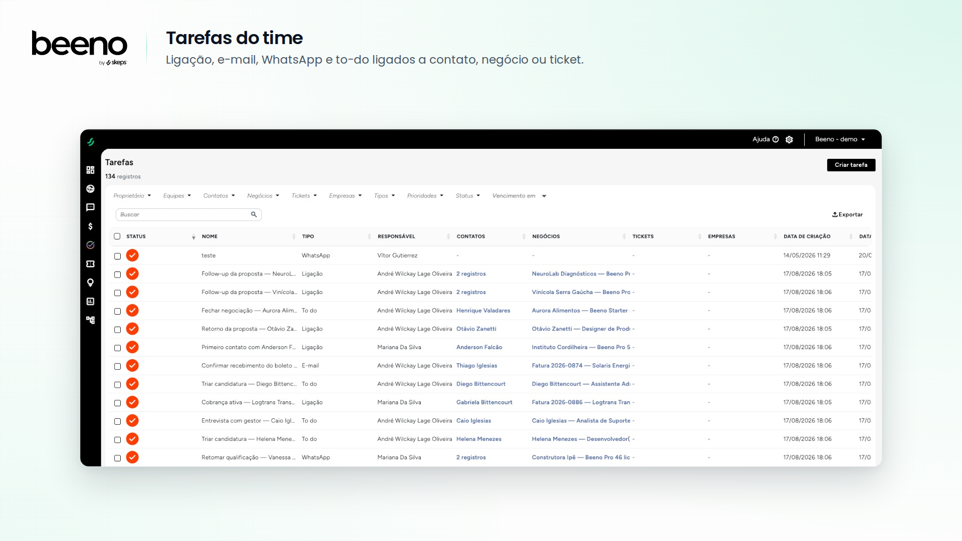 Lista de tarefas com tipo, responsável e registros associados