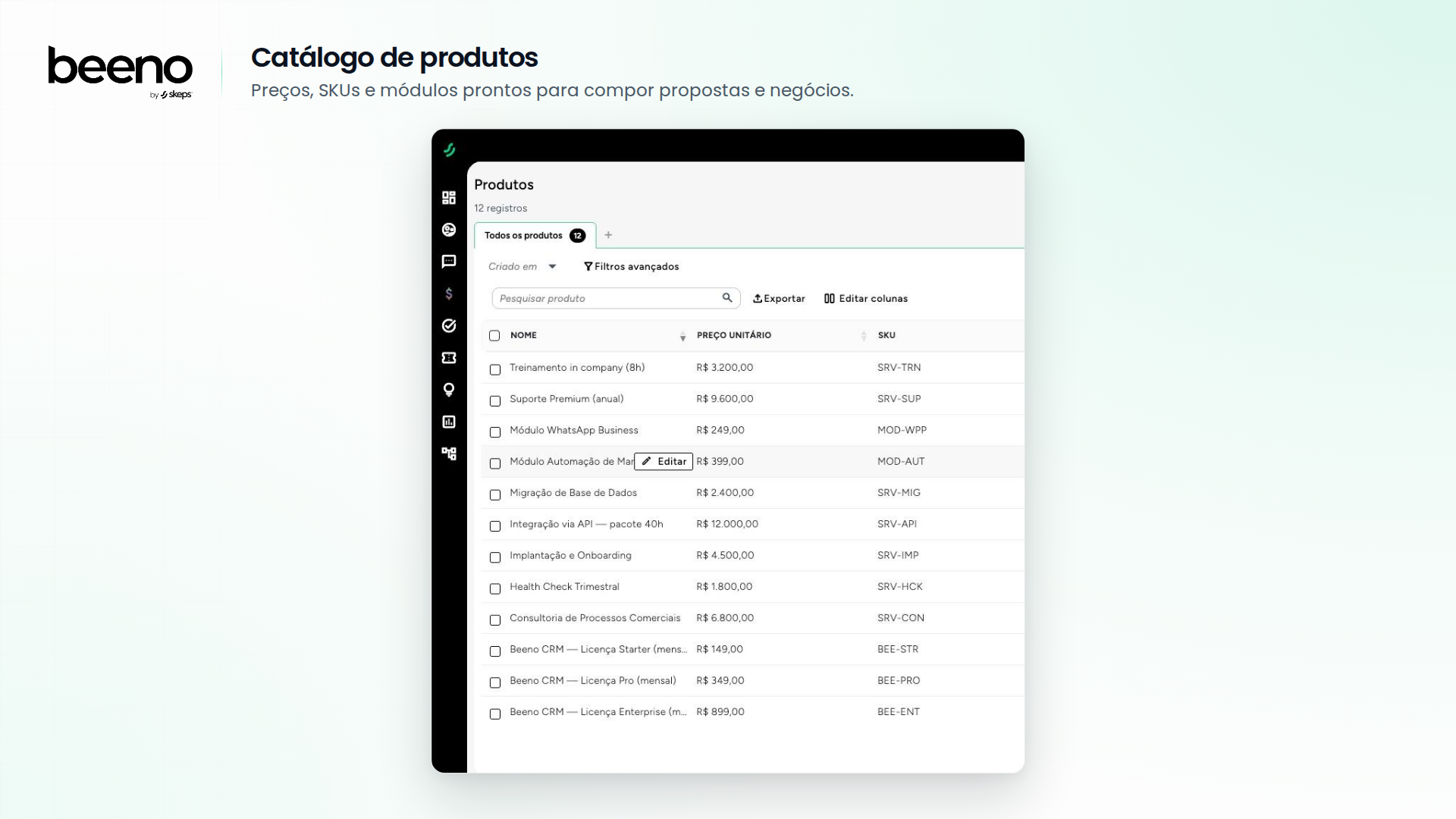 Catálogo de produtos com preço unitário e SKU