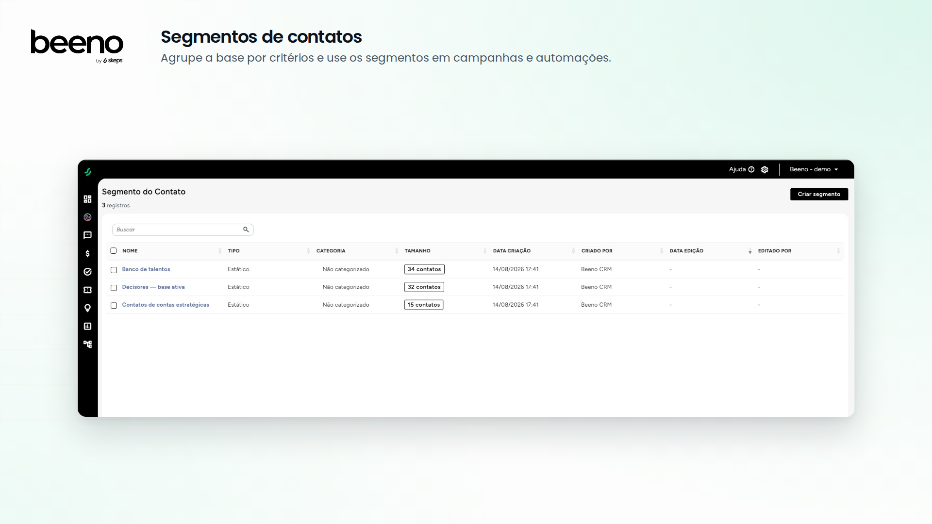 Lista de segmentos com tipo e tamanho