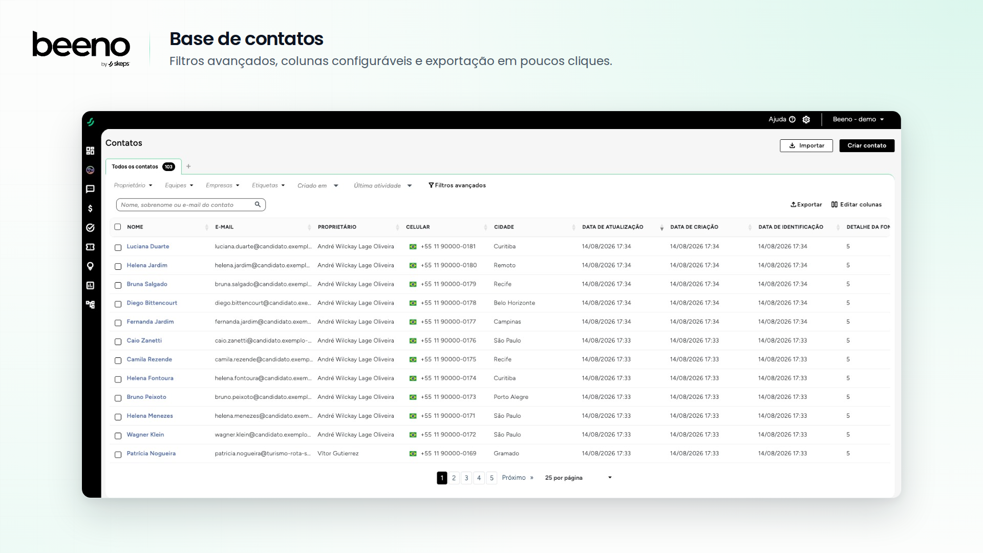 Lista de contatos com filtros e colunas configuráveis