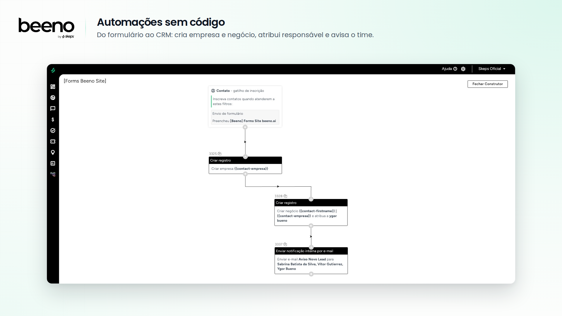 Construtor de fluxo: formulário cria empresa, cria negócio e envia notificação interna