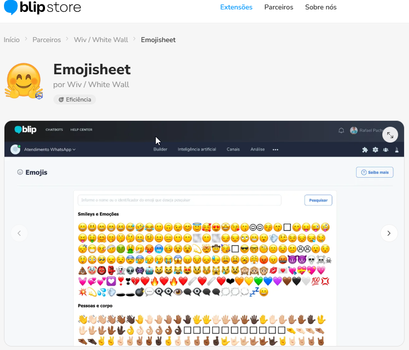 Busca pela extensão Emojisheet na Blip Store
