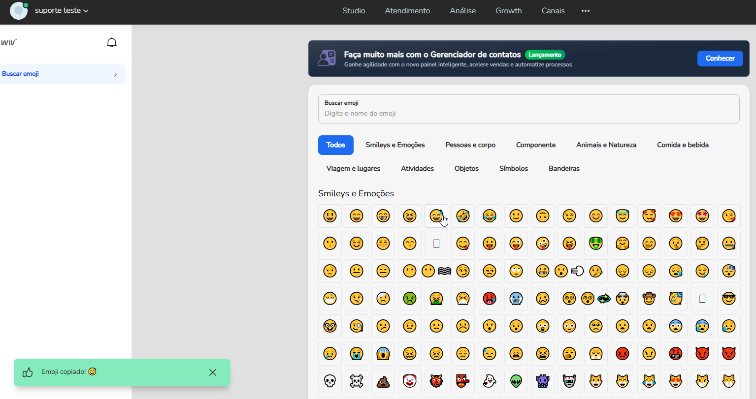 Mensagem Emoji copiado! exibida após clicar em um emoji do catálogo