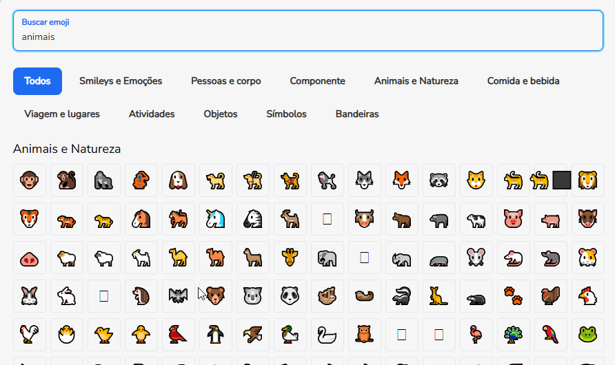 Campo Buscar emoji filtrando o catálogo pelo nome digitado