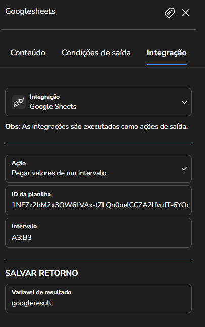 Retorno da leitura do intervalo salvo na variável de resultado durante o teste do fluxo