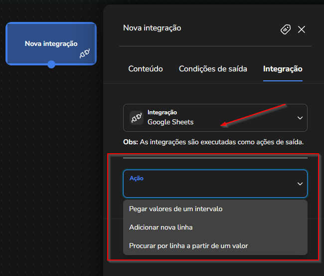Bloco de integração no Builder com Google Sheets selecionado no campo Integração