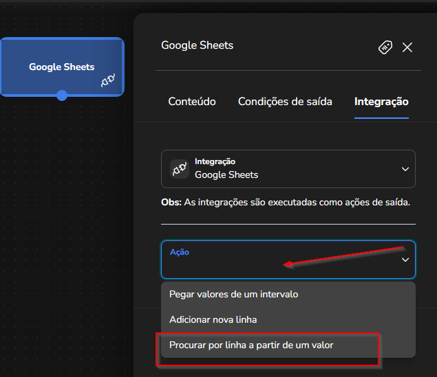 Campo Ação da extensão Google Sheets com a opção Procurar por linha a partir de um valor selecionada