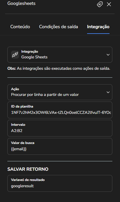 Formulário da ação Procurar por linha com ID da planilha, intervalo, valor de busca e variável de resultado preenchidos
